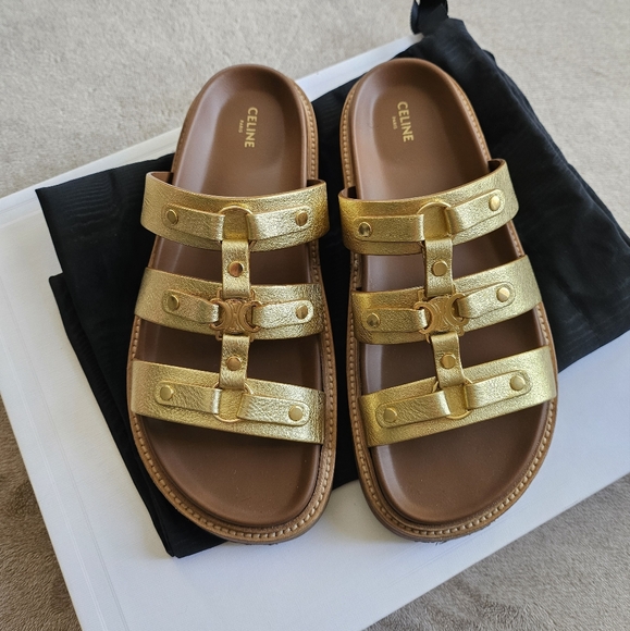Celine Tippi Triomphe Mule Slide Sandals Gold Metallic Leather Size 37 - Picture 1 of 11